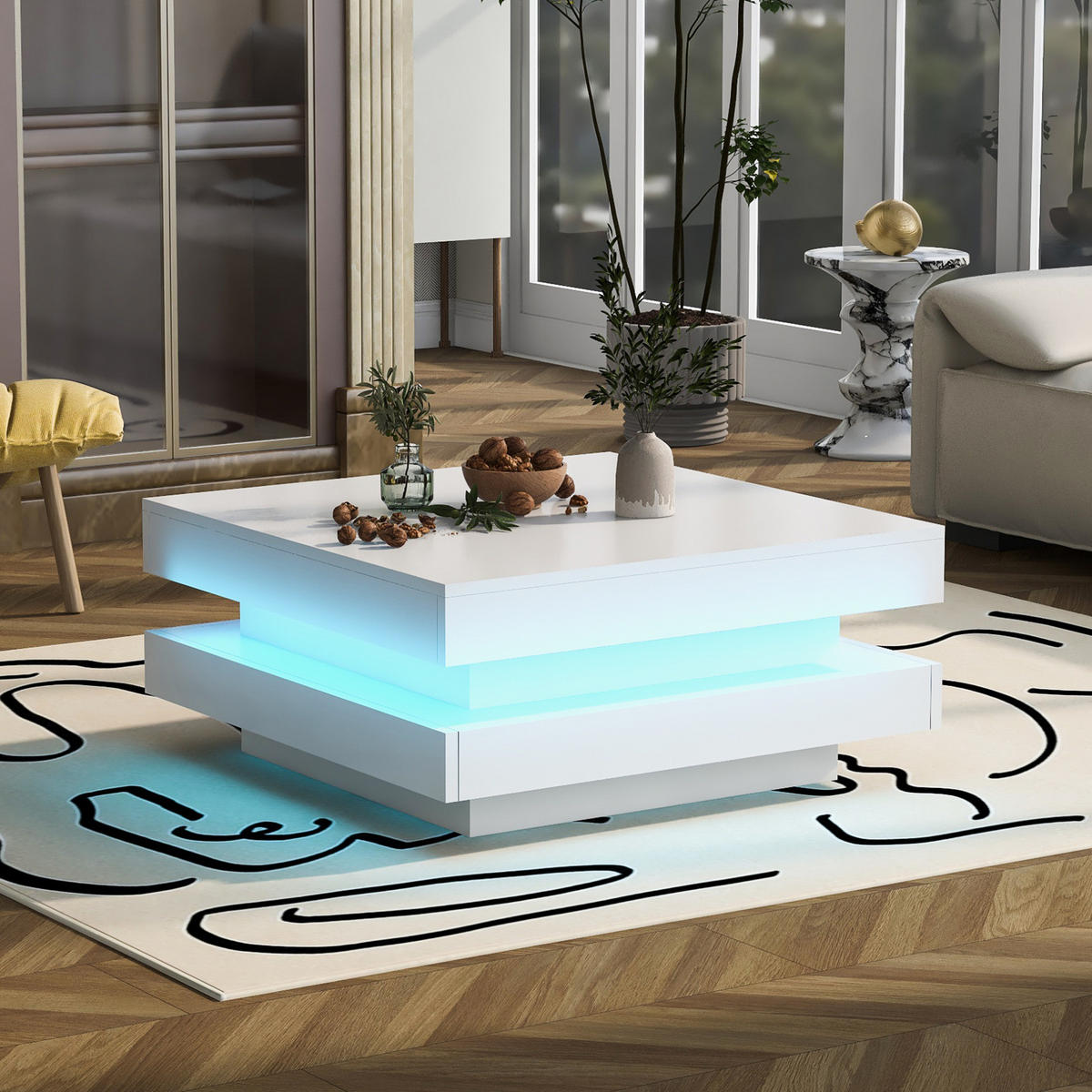 COUCHTISCH aus Spanplatte 70x70x36 cm Weiß mit LED-Beleuchtung und Bluetooth-App-Steuerung - Weiß, Holzwerkstoff (70/70/36cm) - IVMEU