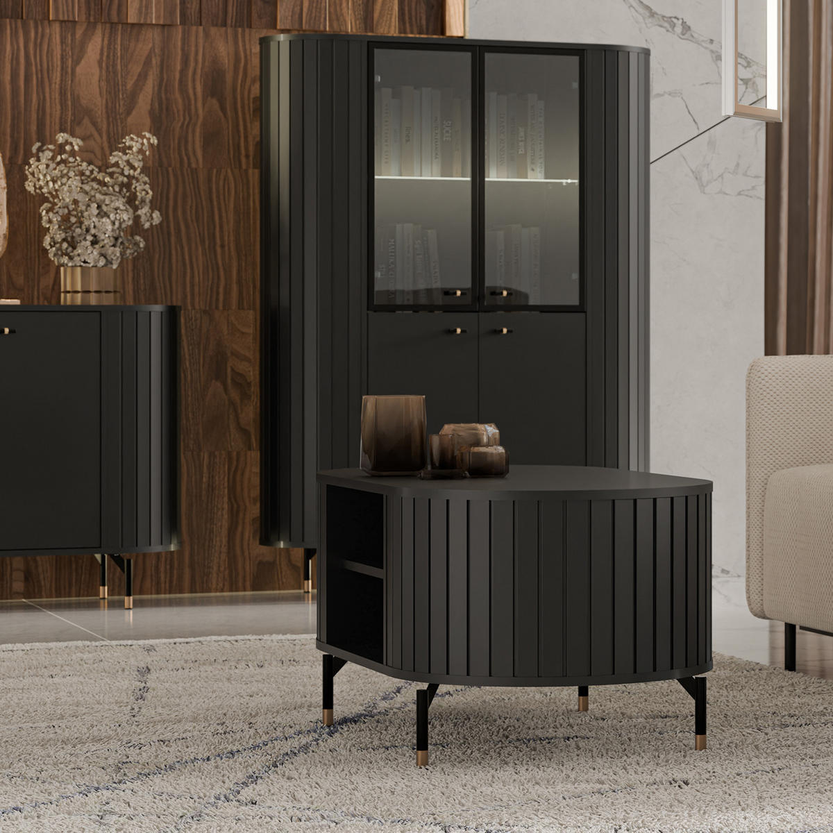 VITRINE Zalia mit Glastüren und Stauraum, mit LED-Beleuchtung, im Retro-Stil, 112 cm, Schwarz - Schwarz, Holzwerkstoff (112/155/40cm) - Beautysofa