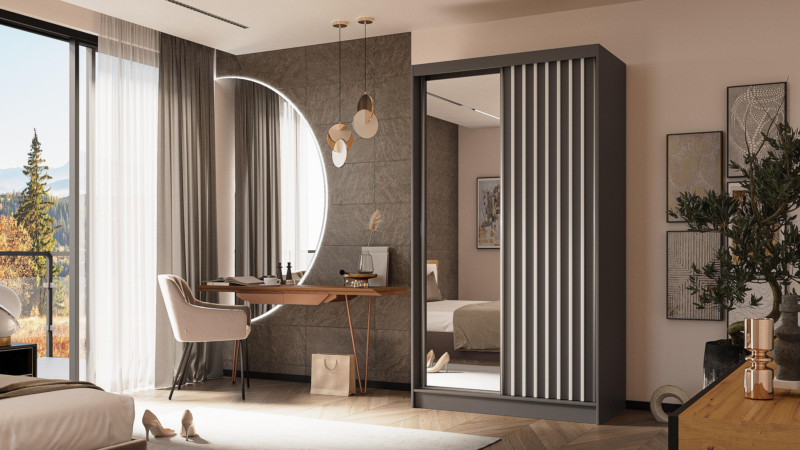 KLEIDERSCHRANK mit Spiegel-Schiebetüren und Aluminium-Leisten - LAMELO - 120 cm Grau+Grau+Weiß - Weiß/Grau, Holzwerkstoff (120/216/61cm) - ALTDECOR