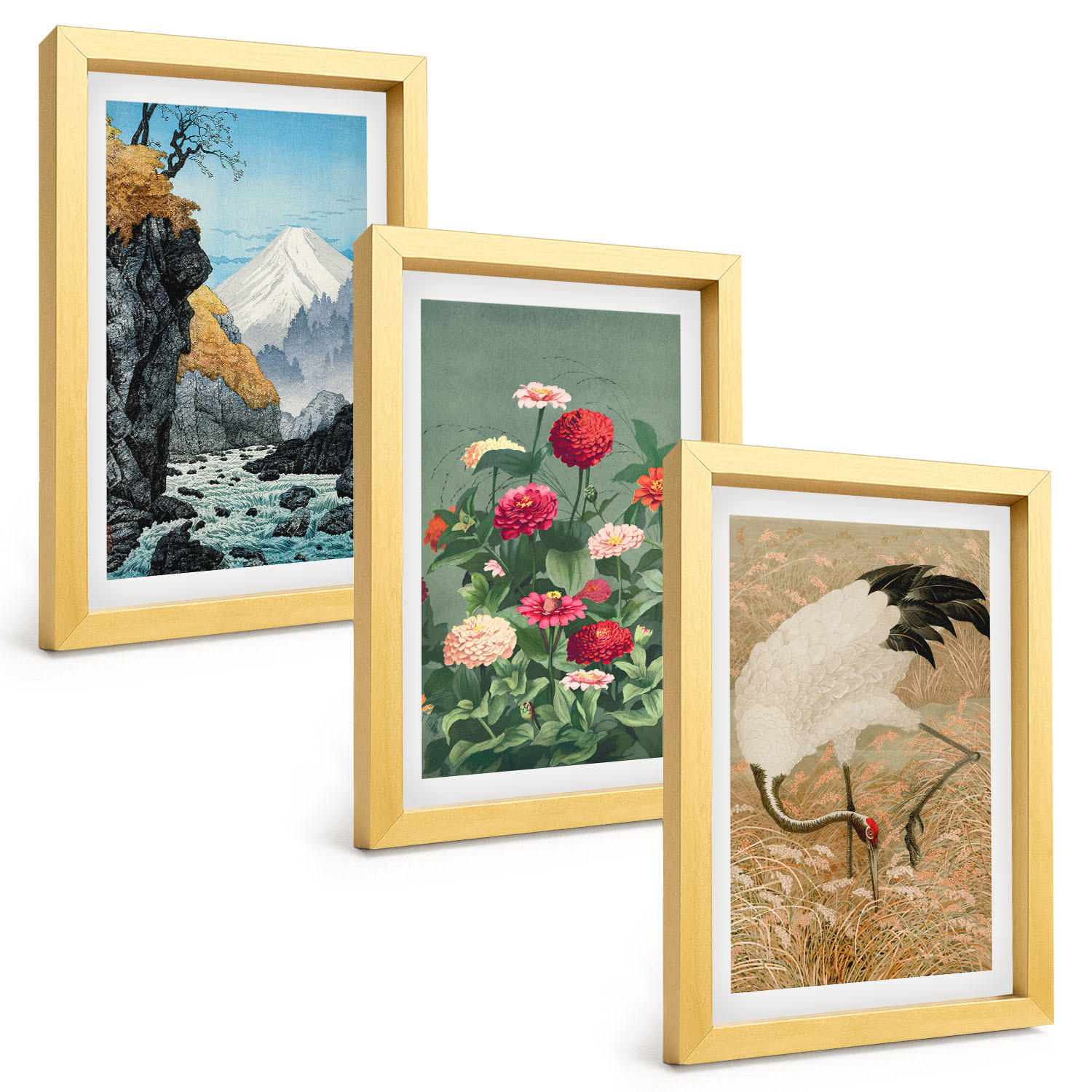 BILDER SET 3er Set - 20x30 cm Goldrahmen - Berglandschaft, Fluss, Blumen, Kraniche - Goldfarben, Kunststoff (20/30cm) - TULUP