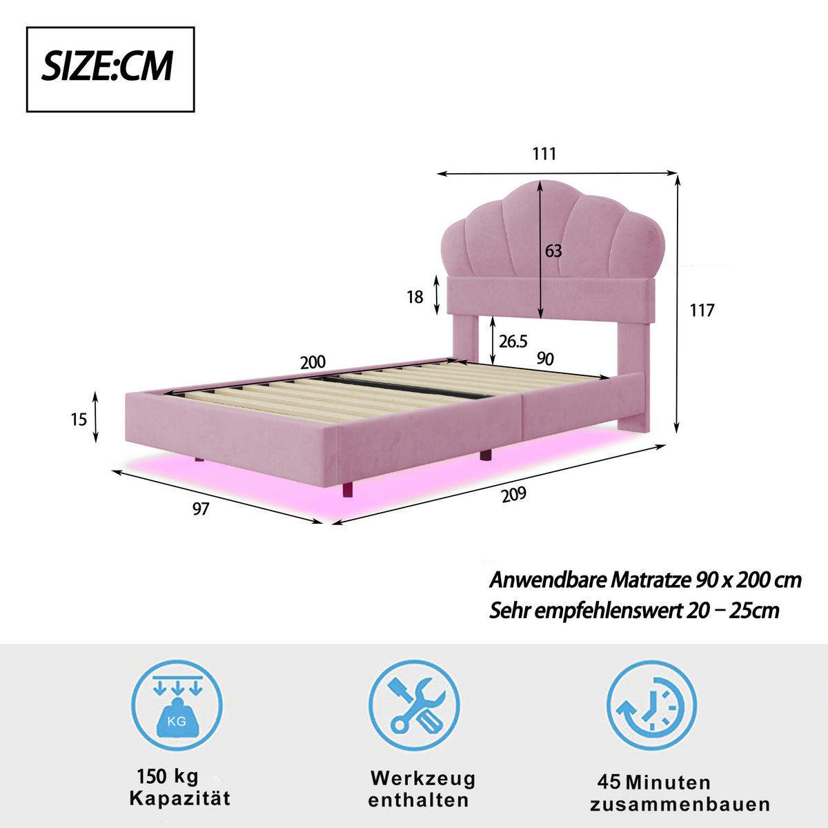 KINDERBETT 90/200 cm DE-01825, in Rosa, mit Wolken-Kopfteil und LED - Pink, Metall (90/200cm) - ComfortXL