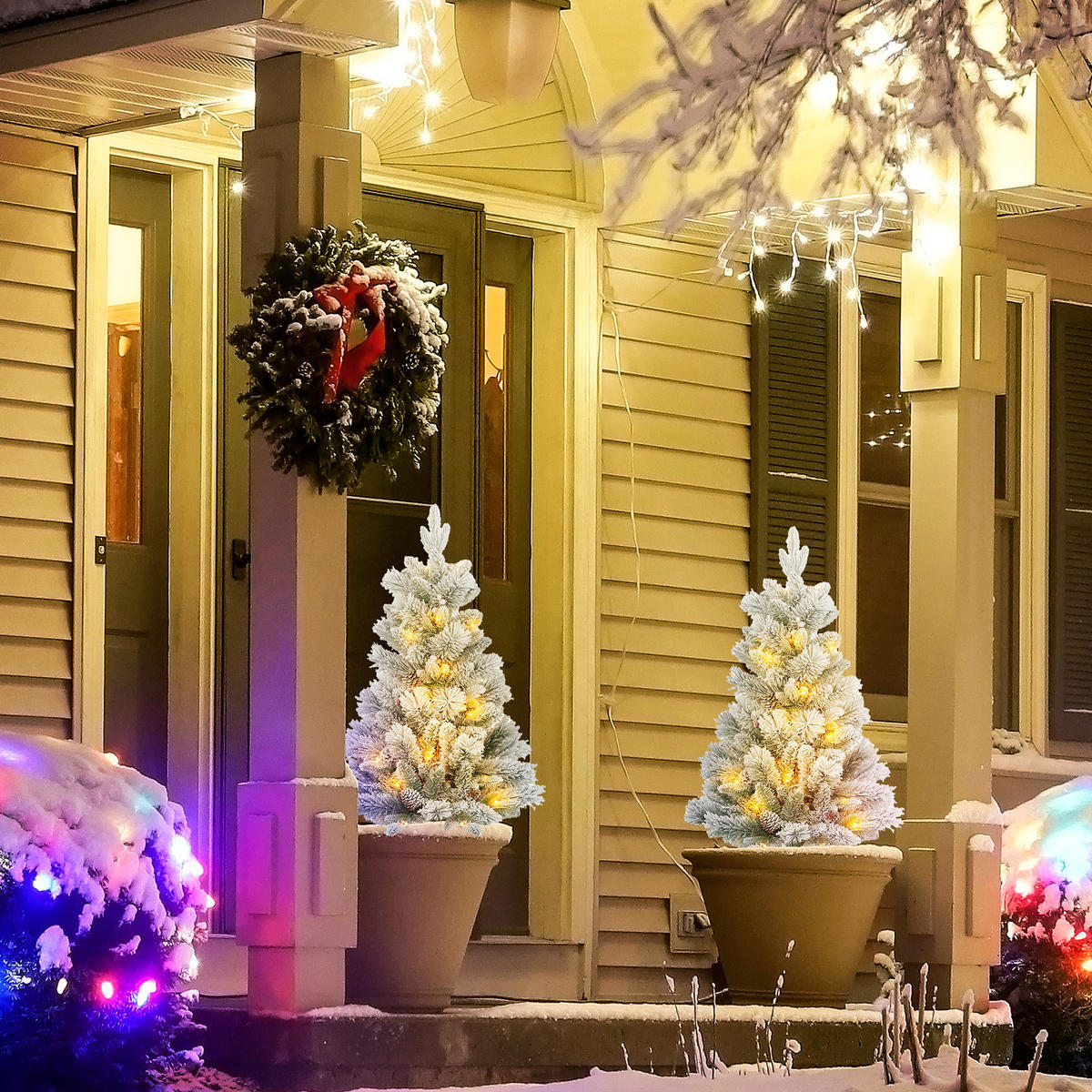 107 cm umělý vánoční stromek, sada 2 ks se 100 LED světly, nehořlavý - bílá/zelená barva, kov/plast (107cm) - HOMCOM