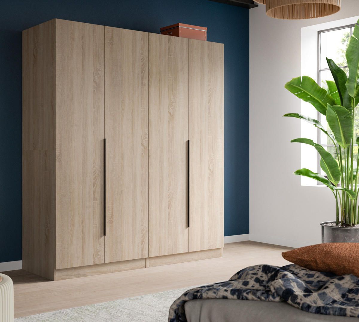 KLEIDERSCHRANK Eiche Sonoma 4-türig 160 x 181 cm, Drehtürenschrank mit zusätzlichen Einlegeböden - Eichefarben/Schwarz, Holzwerkstoff/Kunststoff (160/181/52cm) - Inn.Furn