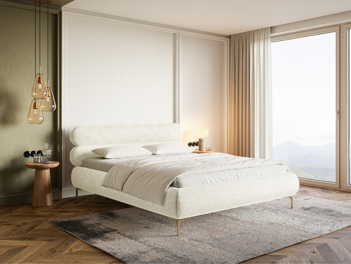 POLSTERBETT Roule Cremeweiß Chenille mit goldenen Metallbeinen 160 cm - Goldfarben/Creme, Textil/Metall (160/200cm) - Selsey