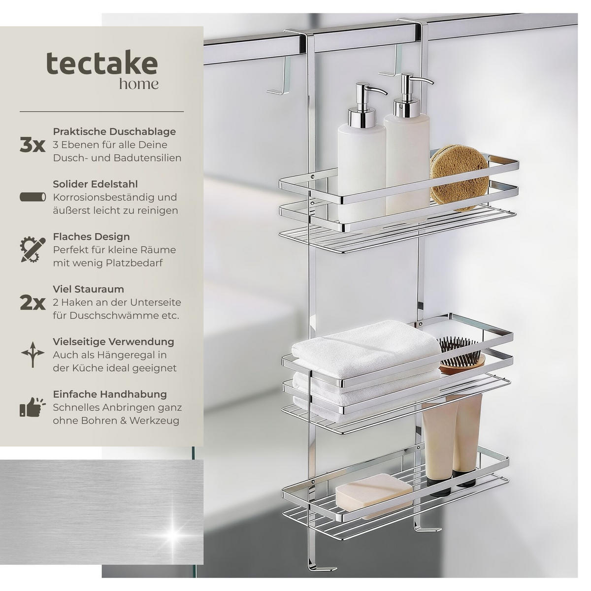 DUSCHABLAGE , 30 x 21 x 80 cm, silber - Silberfarben, Metall (21/80/30cm) - tectake