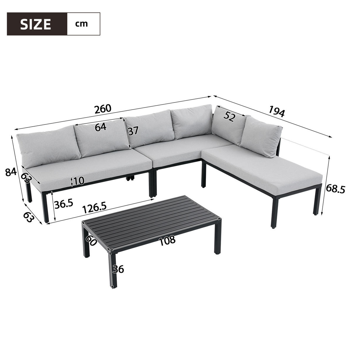 GARTENGARNITUR aus Polyester 6-Sitzer Grau mit modularem Sofa, abnehmbaren Rückenlehnen und Couchtisch - Grau, Metall - Modfu
