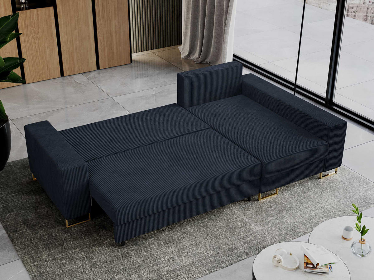 ECKSOFA Dorian Cord Dunkelblau - Goldfarben/Dunkelblau, Textil/Metall (242/138cm) - MKS