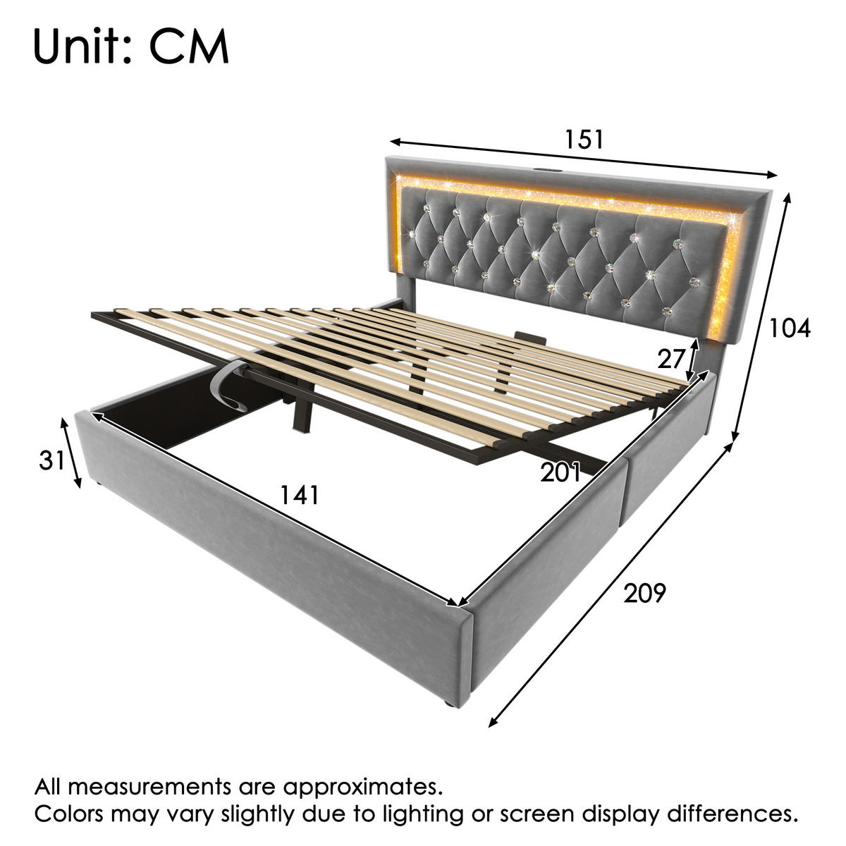POLSTERBETT 140/200 cm Grau mit LED-Diamantstreifen und USB-Anschlüssen - Grau, Textil (140/200cm) - OKWISH