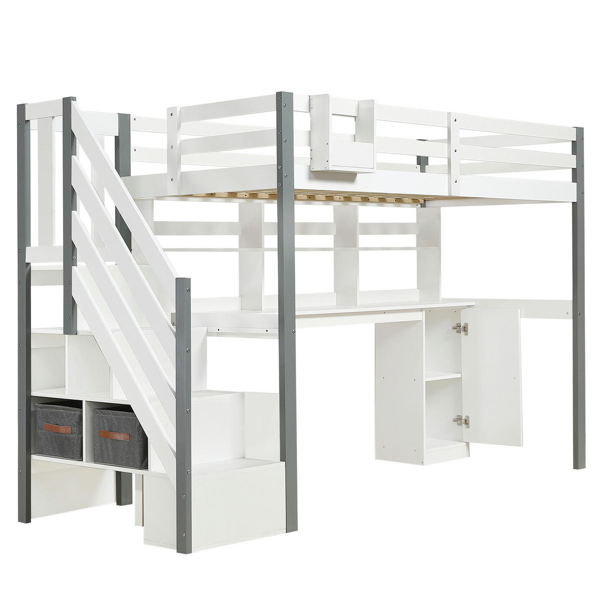 HOCHBETT 90/200 cm Weiß/Grau aus Massivholz und MDF mit Schreibtisch und Stauraum - Weiß, Holz (90/200cm) - OKMYHOME