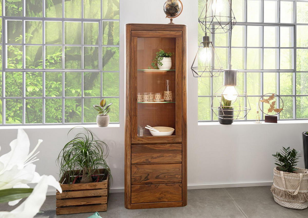 VITRINE Sheesham 70x40x202 walnuss gewachst TORONTO #210 - Walnussfarben, Holzwerkstoff (70/202/40cm) - Massivmoebel24