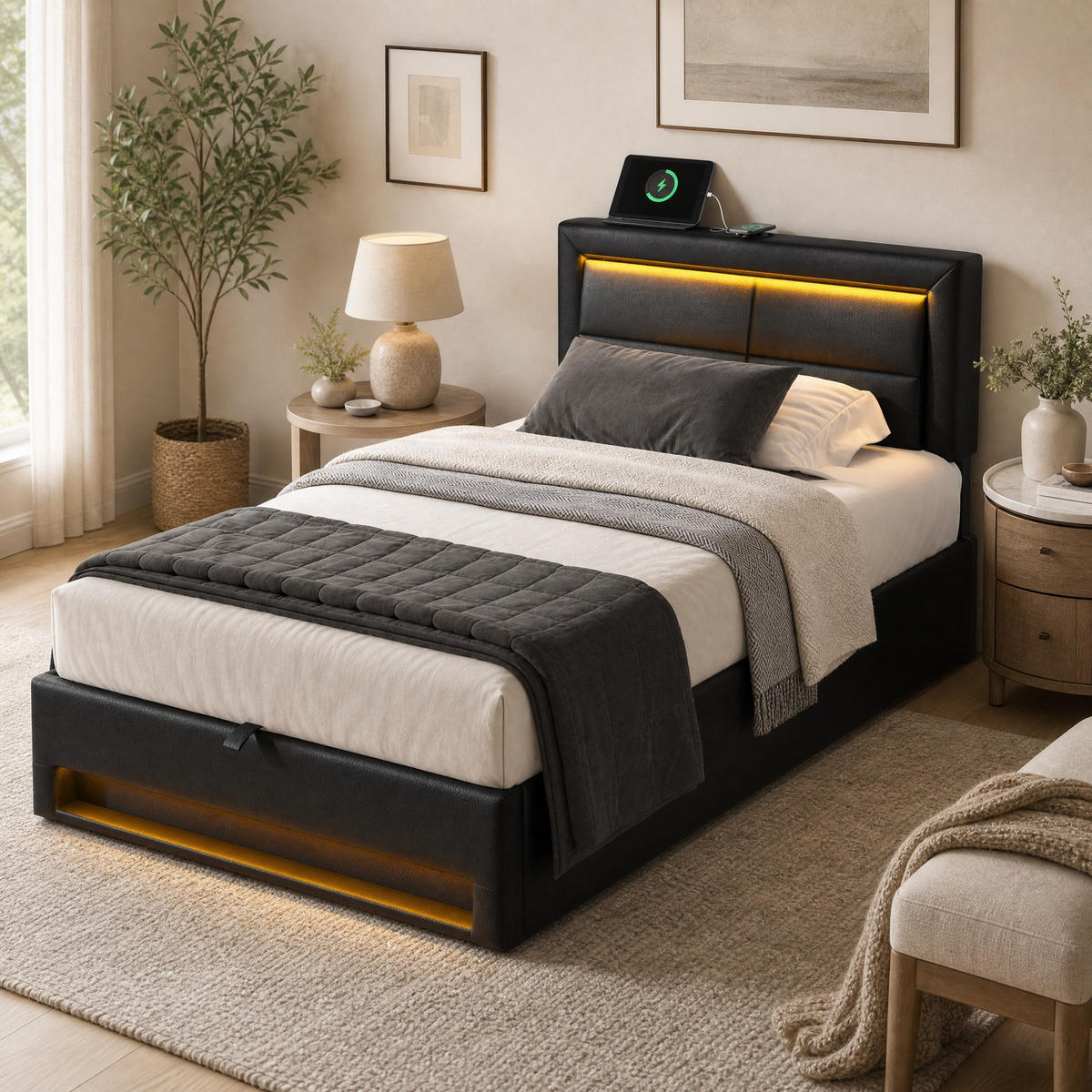 POLSTERBETT 90/200 mit USB-Anschluss, LED-Beleuchtung, Stauraum und PU-Litschi-Muster in Schwarz - Schwarz, Holzwerkstoff/Textil (90/200cm) - EVRYAE