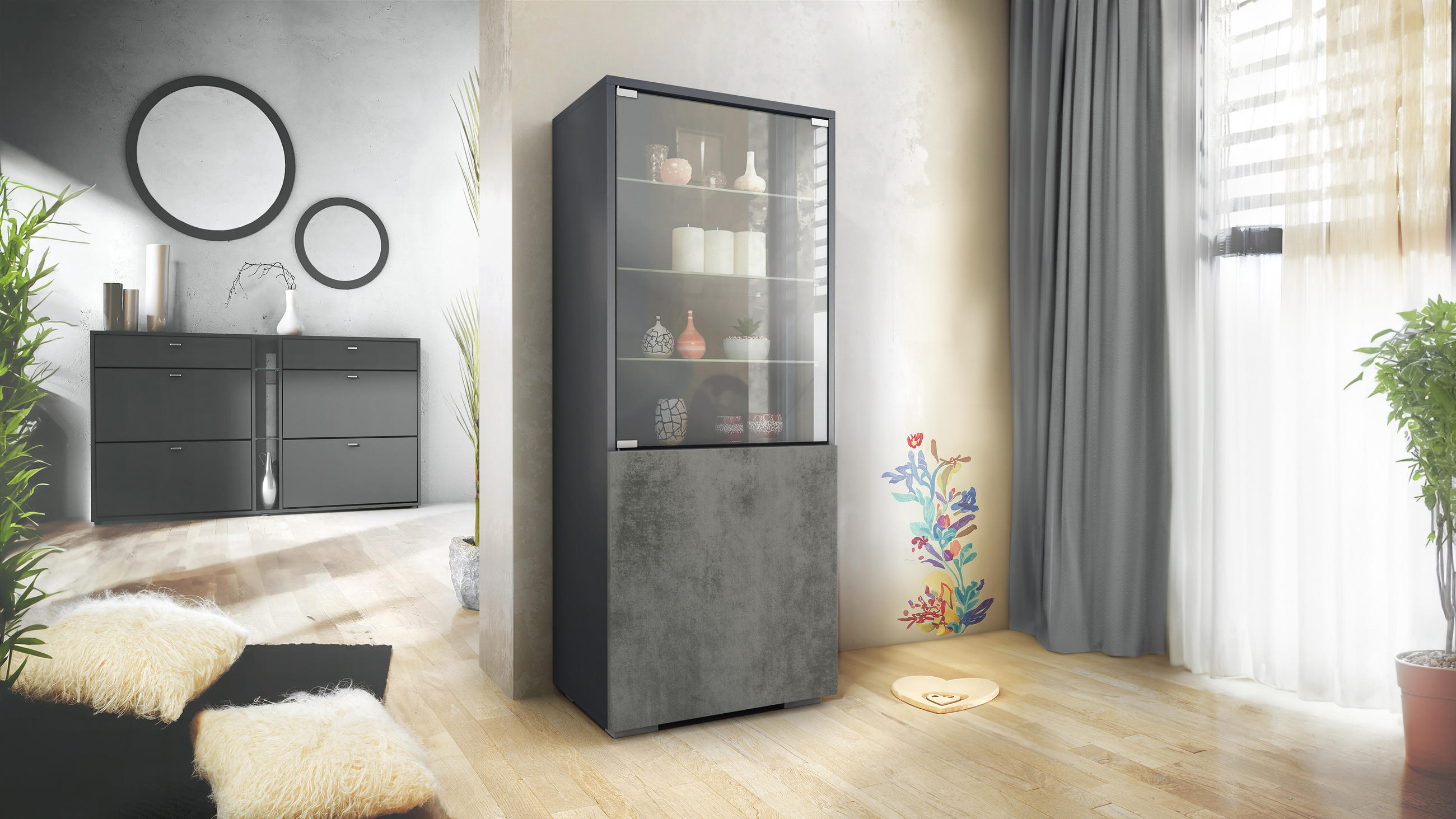 VITRINE Granada Beton Dunkel Optik - Dunkelgrau, Holzwerkstoff (50/122.5/34.5cm) - Vladon