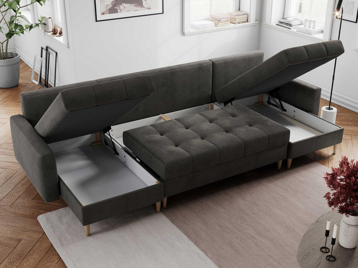 WOHNLANDSCHAFT Colin U Velvet Dunkelgrau - Dunkelgrau/Braun, Holz/Textil (290/75/140cm) - MKS