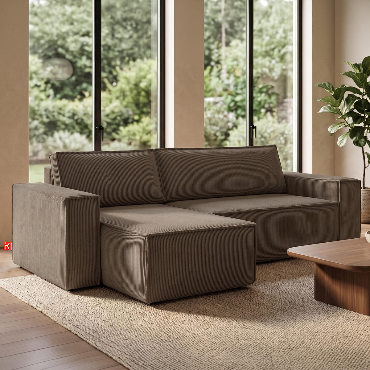 ECKSOFA-LINKS/RECHTS NAPI Schlaffunktion mit Cordbezug, braun - Schwarz/Braun, Textil (262/148cm) - KONSIMO®
