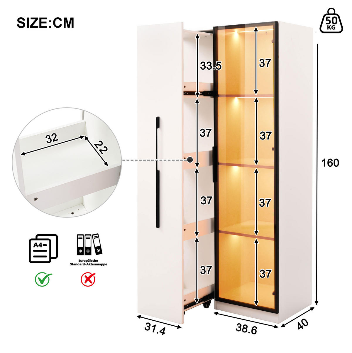 VITRINE 70/40/160 cm mit ausziehbarem Bücherregal, LED-Beleuchtung und Glastür, MDF, Weiß - Weiß, Holzwerkstoff (70/160/40cm) - Redom