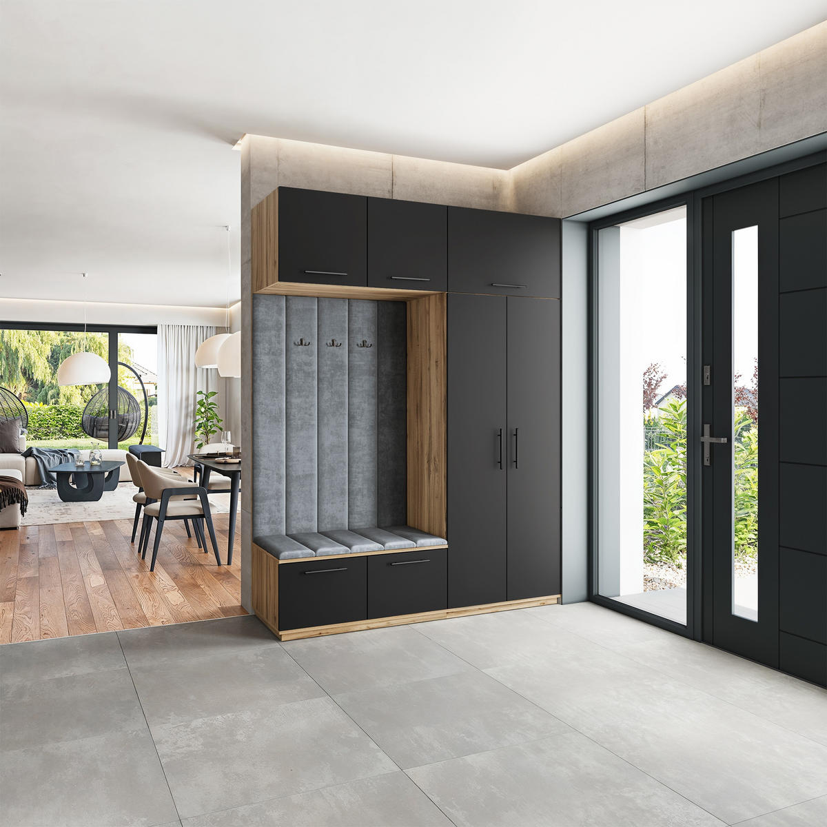 GARDEROBENSCHRANK REMA 180/240/60 cm Modern Garderobe-Set Eiche Wotan - Eiche Wotan/Schwarz, Holzwerkstoff (180/240/60cm) - MASSENO