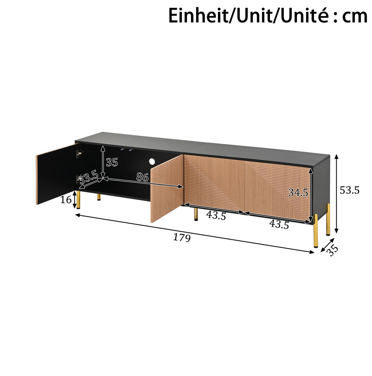 LOWBOARD 179/35/53.5 cm Schwarz/Natur aus Spanplatte mit grifflosen Türen - Hellbraun, Holzwerkstoff (35/53.5/179cm) - OKMYHOME
