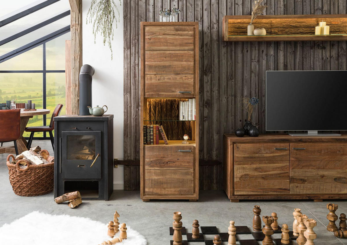 VITRINE Akazie 58x40x180 natur lackiert BARK #102 - Braun, Holzwerkstoff (58/180/40cm) - Massivmoebel24