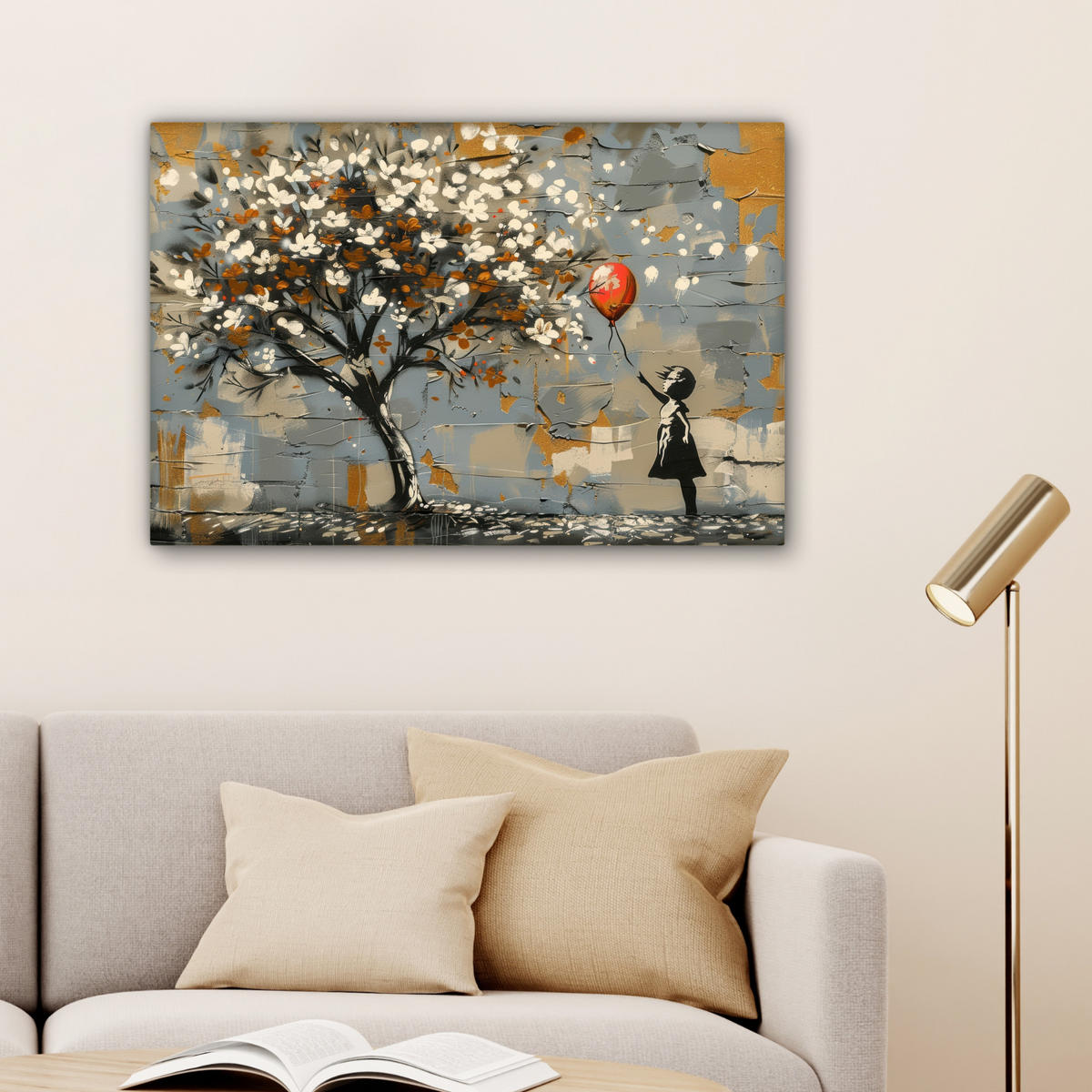 LEINWANDBILD Baum - Graffiti - Banksy-Stil - Ballon-Mädchen Wanddeko 90x60 cm - Blaugrau, Textil (90/60cm) - MuchoWow