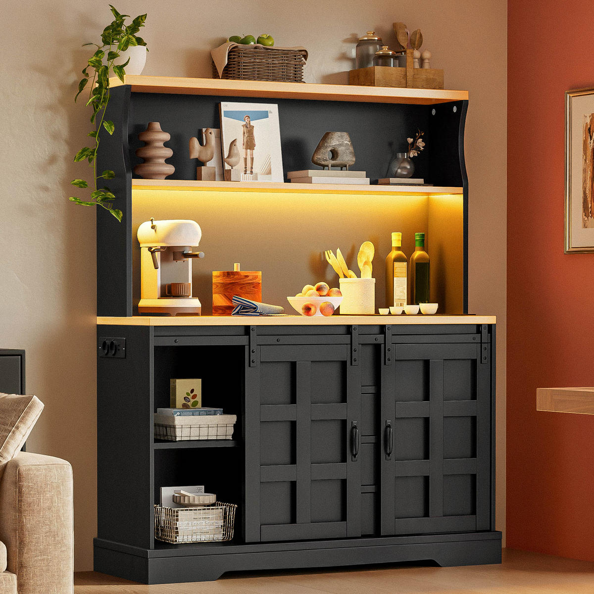 BUFFET 150 cm MDF Schwarz Scheunenstil mit RGB-LED und Weinregal - Schwarz, Holzwerkstoff (40/150/120cm) - Korfee
