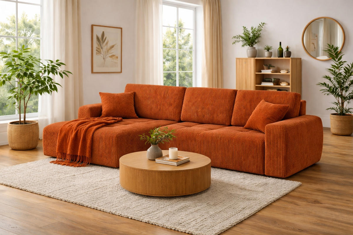 ECKSOFA Mit Schlaffunktion Und Bettkasten L-Form Ivo XL, Cordstoff Poso, Kupfer, Links - Orange, Holz (280/142cm) - Kaiser Möbel