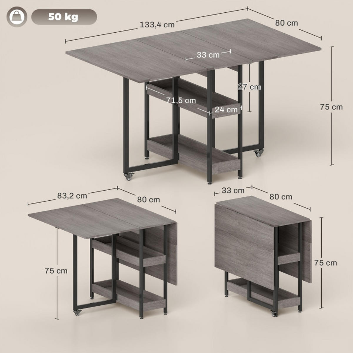 KLAPPTISCH 133,4/80/75 cm, seitlich ausklappbar mit Ablagen und Rollen - Grau, Holz (133.4/80/75cm) - BEAOK