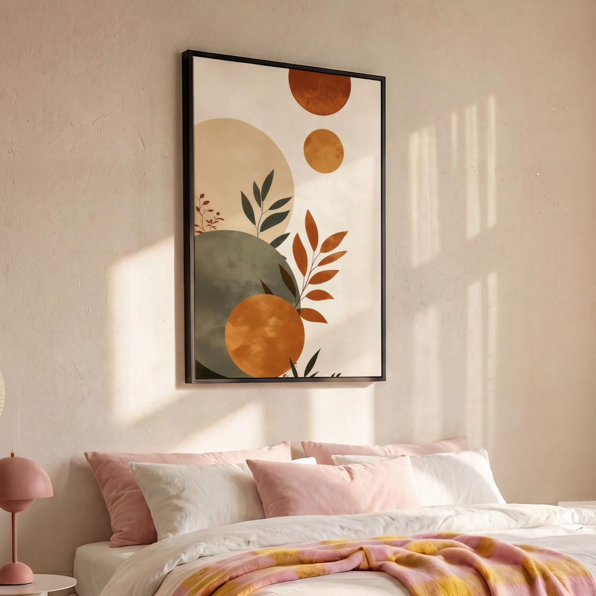 LEINWAND Bilder mit Rahmen - Formen - Rund - Blätter - Beige - 100x150 - Rostfarben, Textil (100/150cm) - MuchoWow