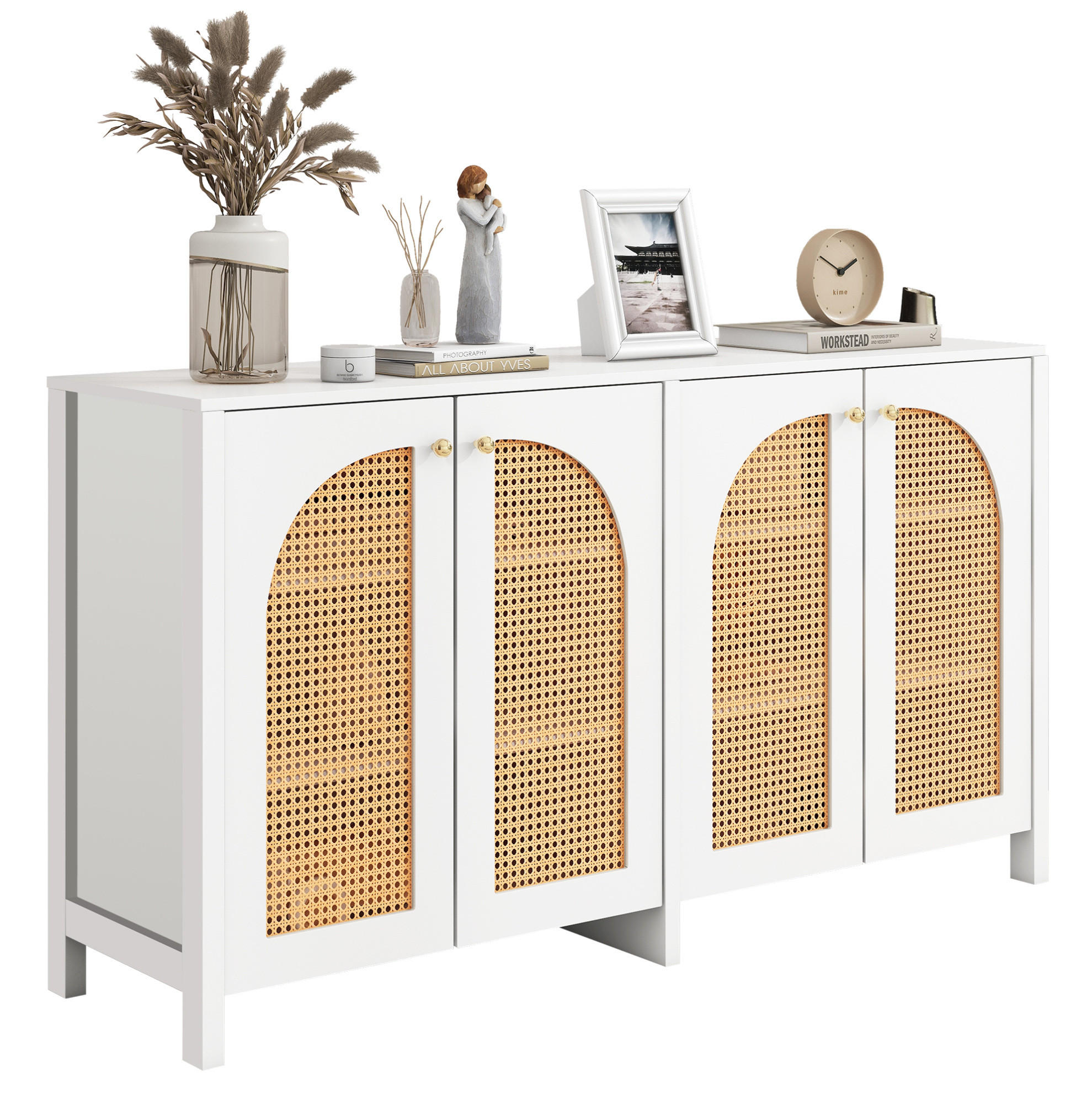 SIDEBOARD 145/80/40 cm Weiß aus MDF mit 4 Kunst-Rattantüren - Weiß, Holzwerkstoff (80/40/145cm) - OKMYHOME