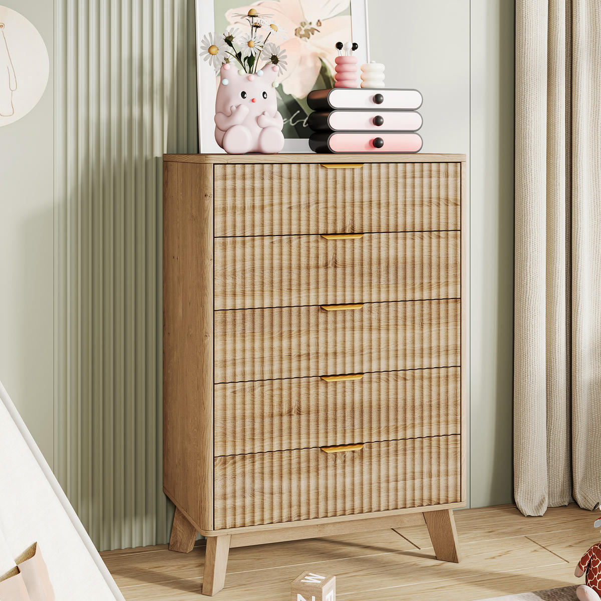 KOMMODE 5 Schubladen Eichenoptik, Rillenstruktur, Goldgriffe - Naturfarben, Holz (40/108/73cm) - SHOPENTRA