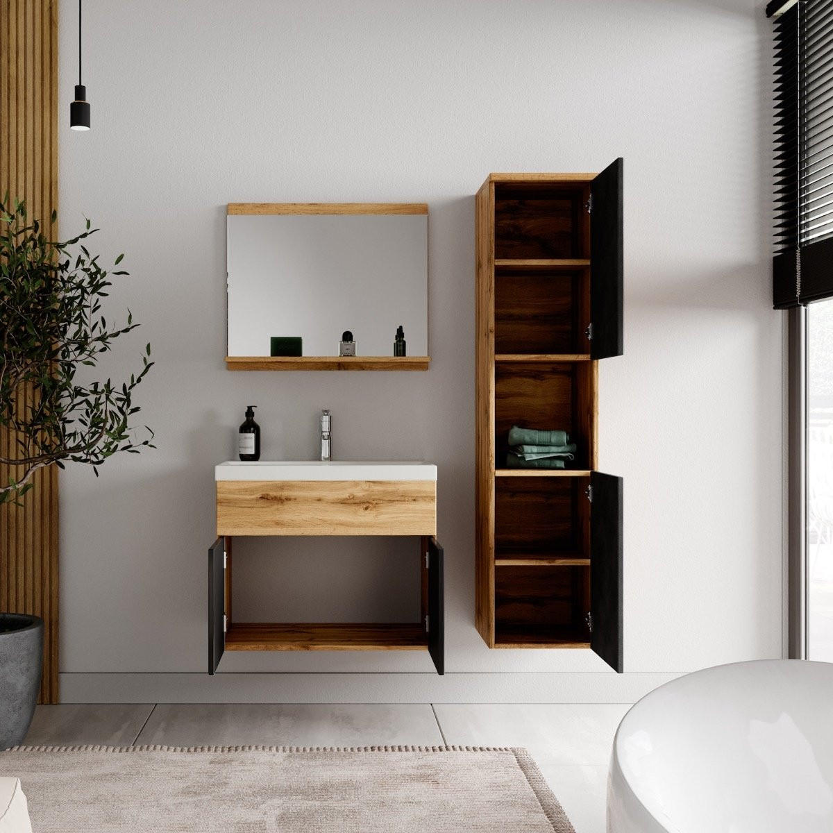 BADMÖBEL-SET Montreal 4 Teile Eiche / Schwarz - 60 x 35 x 51 cm - Chromfarben/Eiche Wotan, Holz/Metall (60/51/35cm) - Badplaats