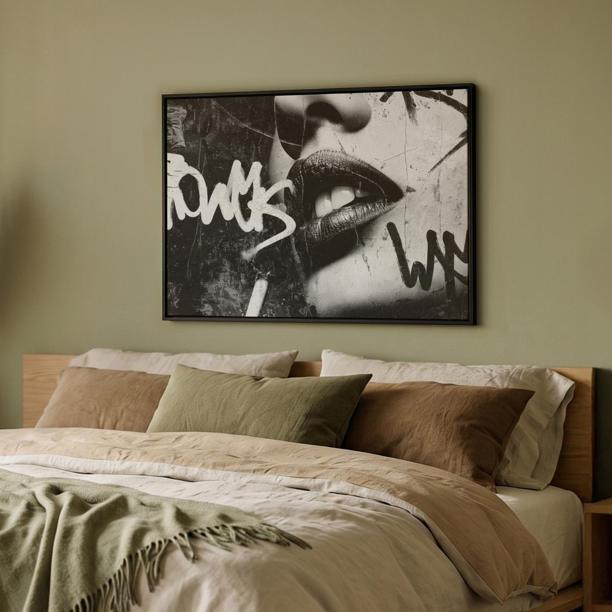 LEINWAND Bilder mit Rahmen - Gesicht - Mund - Graffiti - Schwarz - 70x50 - Schwarz, Textil (70/50cm) - MuchoWow