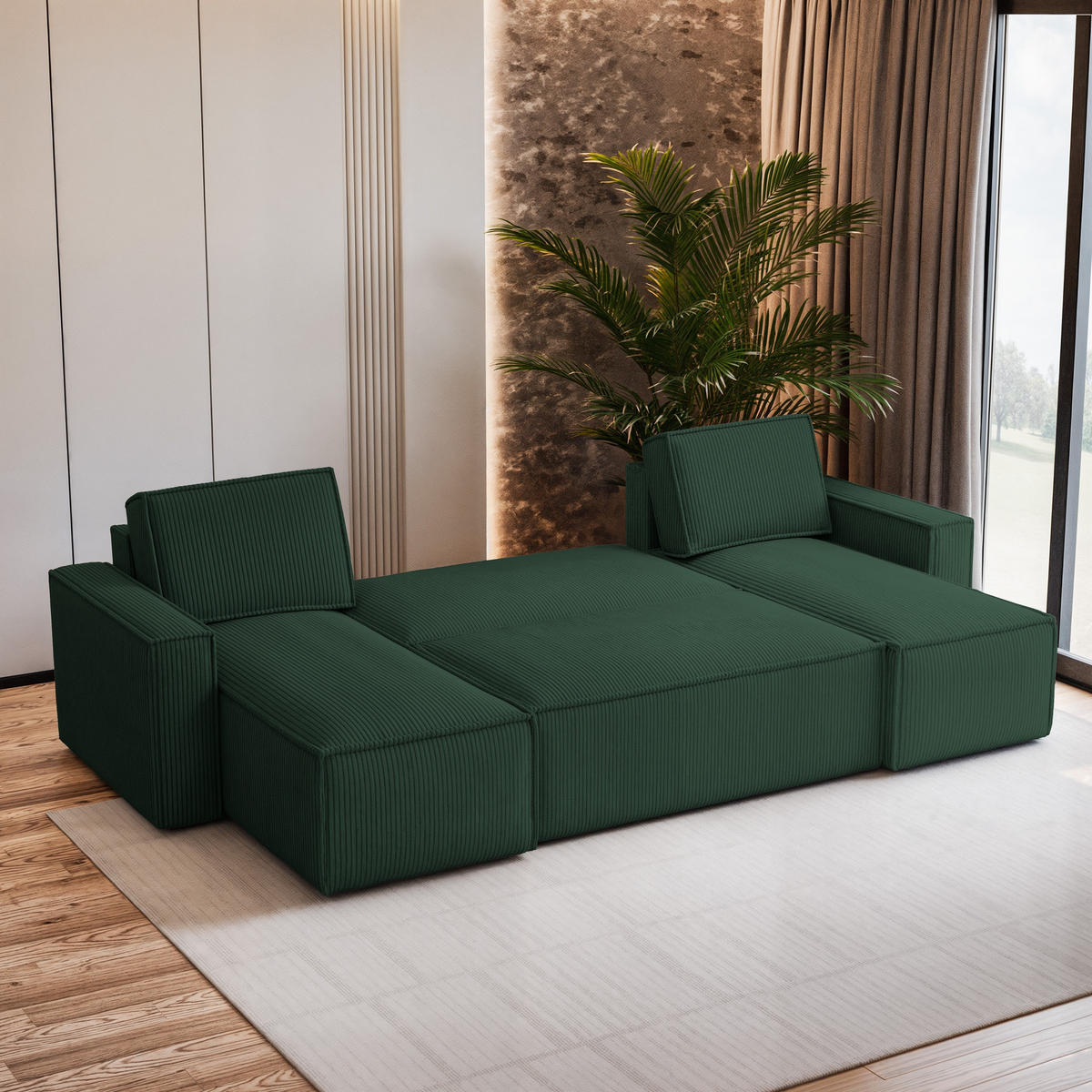 WOHNLANDSCHAFT PESANO P Grün Kordstoff mit Schlaffunktion - Grün, Holz (306/85/140cm) - MASSENO