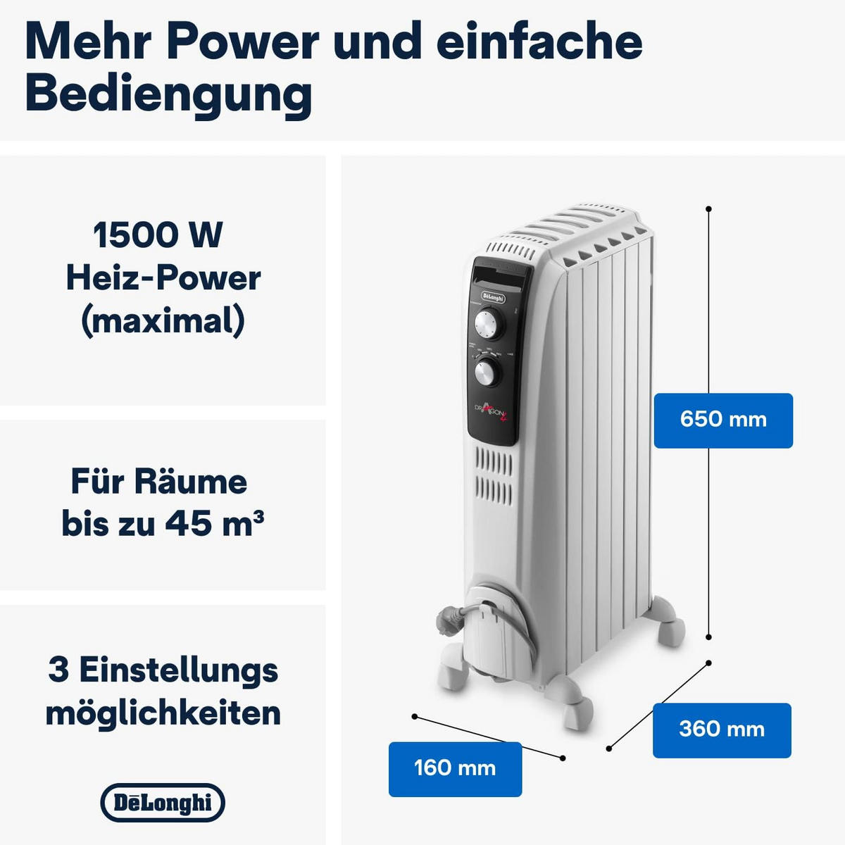 ÖLRADIATOR – 1500W Heizkörper mit Frostschutz, Verstellbarem Thermostat, Keramikdesign & Mobilen Klapprädern für Effiziente Wärme - Schwarz/Weiß, Keramik/Kunststoff (28/63/14cm) - De'Longhi