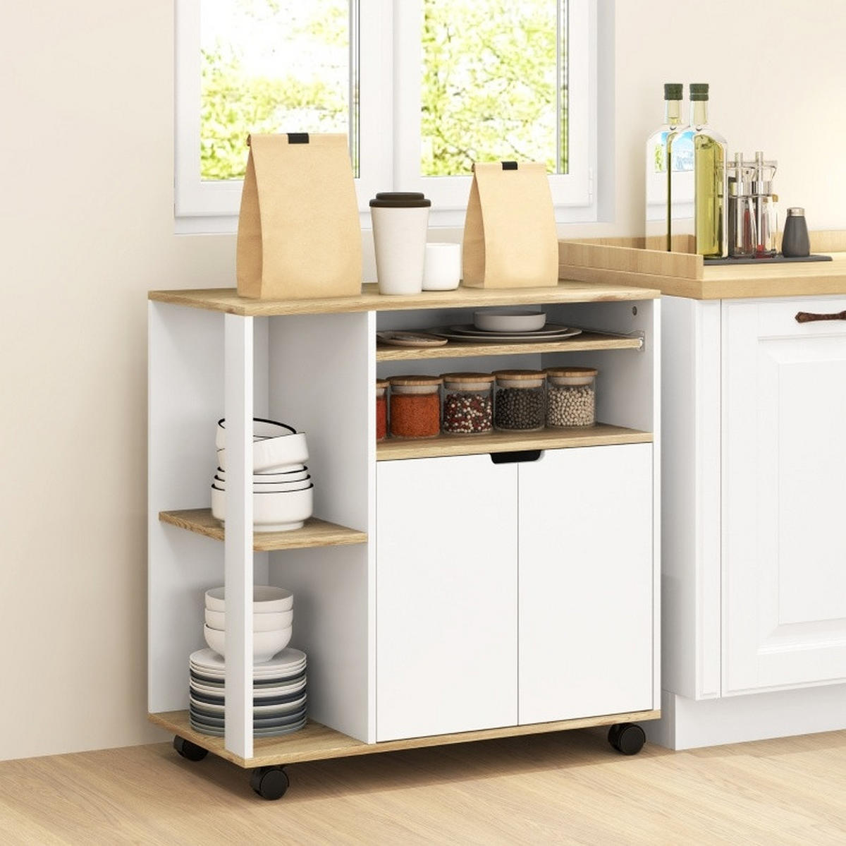 KÜCHENINSEL 80/40/82 cm mit Rollen, verstellbarem Regal und Schrank, Naturholz/Weiß - Weiß, Holz (80/82/40cm) - Redom