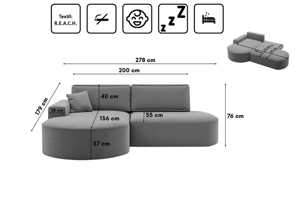 ECKSOFA Modena Pro - Komfort Und Stil Stoff Salvador Anthrazit Links - Anthrazit, Holz (278/179cm) - Kaiser Möbel