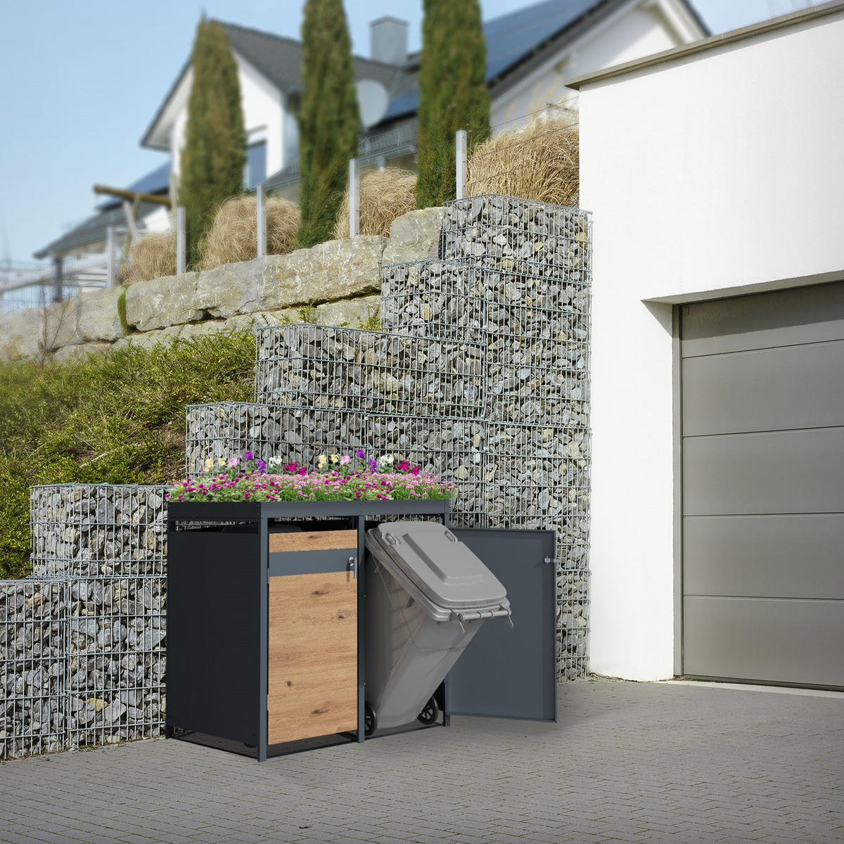 MÜLLTONNENBOX 4er mit Pflanzdach Anthrazit-Eichenoptik - Braun, Metall (80/124/264cm) - ML-DESIGN