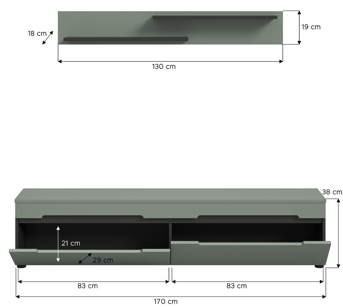WOHNKOMBINATION Salbei grün, grau, 2er Set Lowboard 170 cm und Wandboard - Salbeigrün/Schwarz, Holzwerkstoff/Kunststoff (170/180/33cm) - Inn.Furn