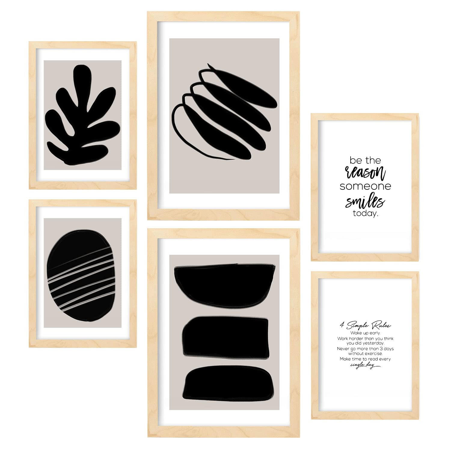 POSTER Set Mit 6 In Schwarzweiss Sammlung A3 & A4 Rahmen Aus Hellem Holz - Beige, Papier (29/3cm) - Nacnic