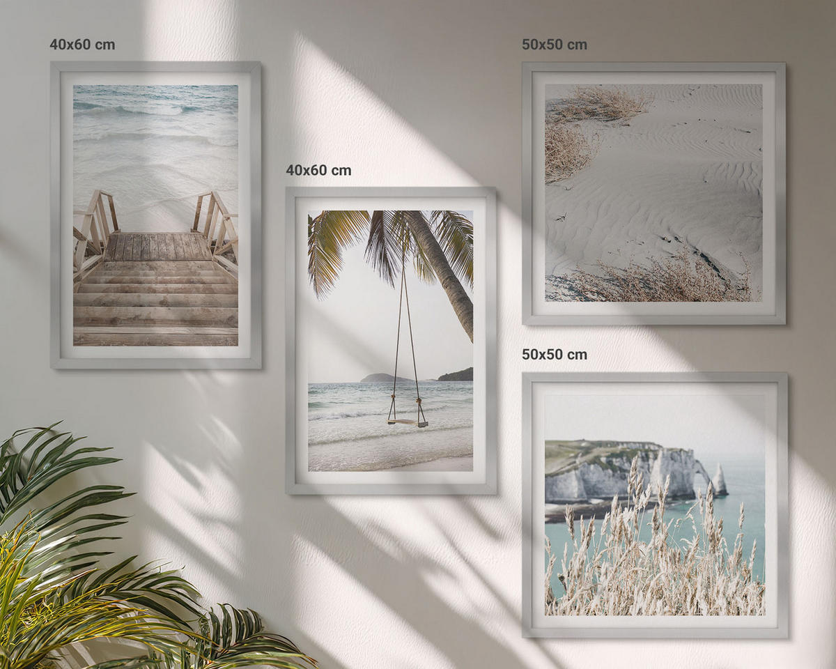 BILDER SET 4er Set - 50x50 cm & 40x60 cm Silberner Rahmen - Strandtreppe Schaukel Meer - Silberfarben, Kunststoff (50/50cm) - TULUP