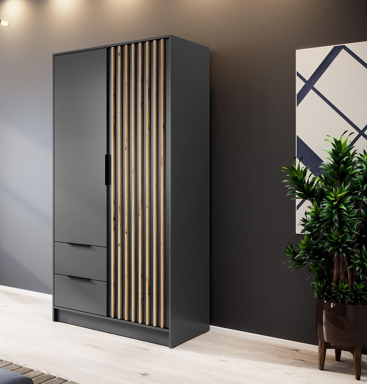 SCHRANK Grafit KELLY Zweitürig Mit Lamellen 105 cm - Graphitfarben, Holzwerkstoff (105/200/51cm) - Sepro Meble