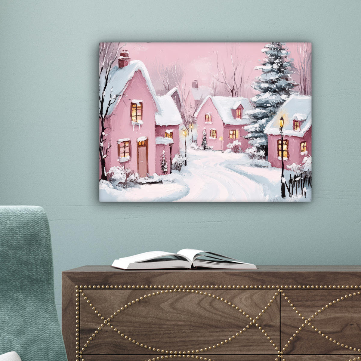 LEINWANDBILD Weihnachtsdorf - Rosa - Winter - Schnee - Häuser Wandbild 40x30 cm - Altrosa, Textil (40/30cm) - MuchoWow