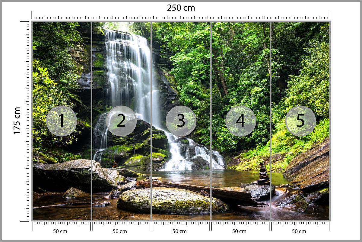 FOTOTAPETE Wasserfall im Dschungel Bäume Felsen 3D 250x175 - Braun/Weiß, Papier (250/175cm) - Muralo