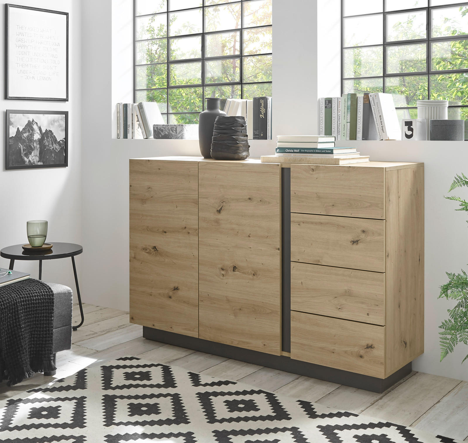 SIDEBOARD Eiche Artisan, Graphit grau 138 cm, Kommode mit Schubladen - Eiche Artisan/Grau, Holz/Holzwerkstoff (138/91/40cm) - Furn.Design