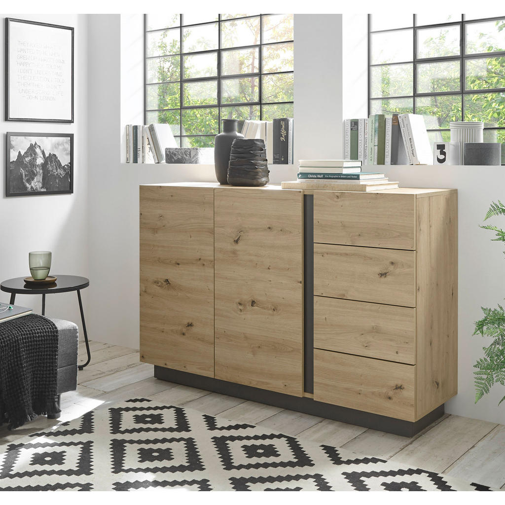Thumbnail - Furn.Design Sideboard, Eiche Artisan, Grau, Holz, Nachbildung,Eiche, 1 Fächer, 4 Schubladen, Sockel, 138x91x40 cm, Wohnz...