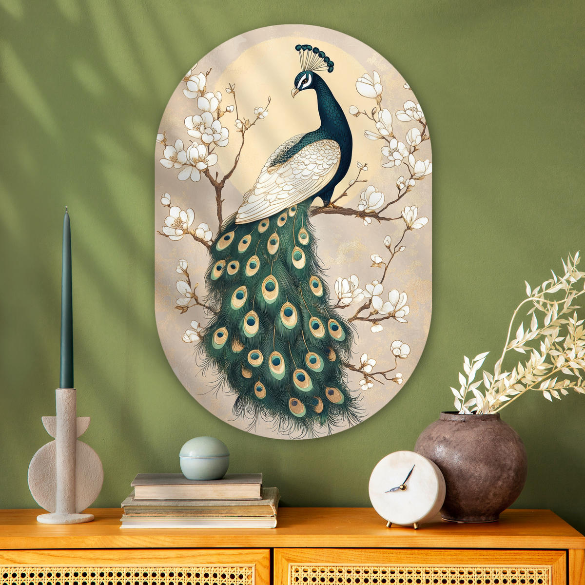 WANDBILD Pfau - Zweig - Blumen 60x90 cm - Champagner, Kunststoff (60/90cm) - MuchoWow