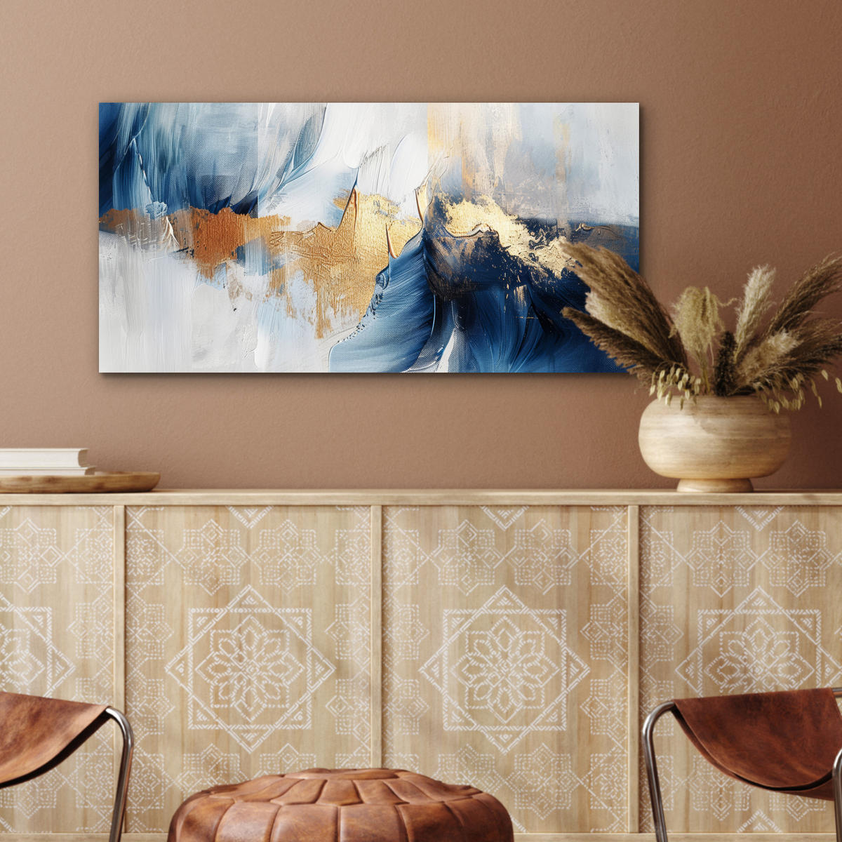 KOVOVÝ OBRAZ Zlatá - modrá - akvarel - umenie - moderné 80x40 cm - svetlomodrá, kov (80/40cm) - MuchoWow