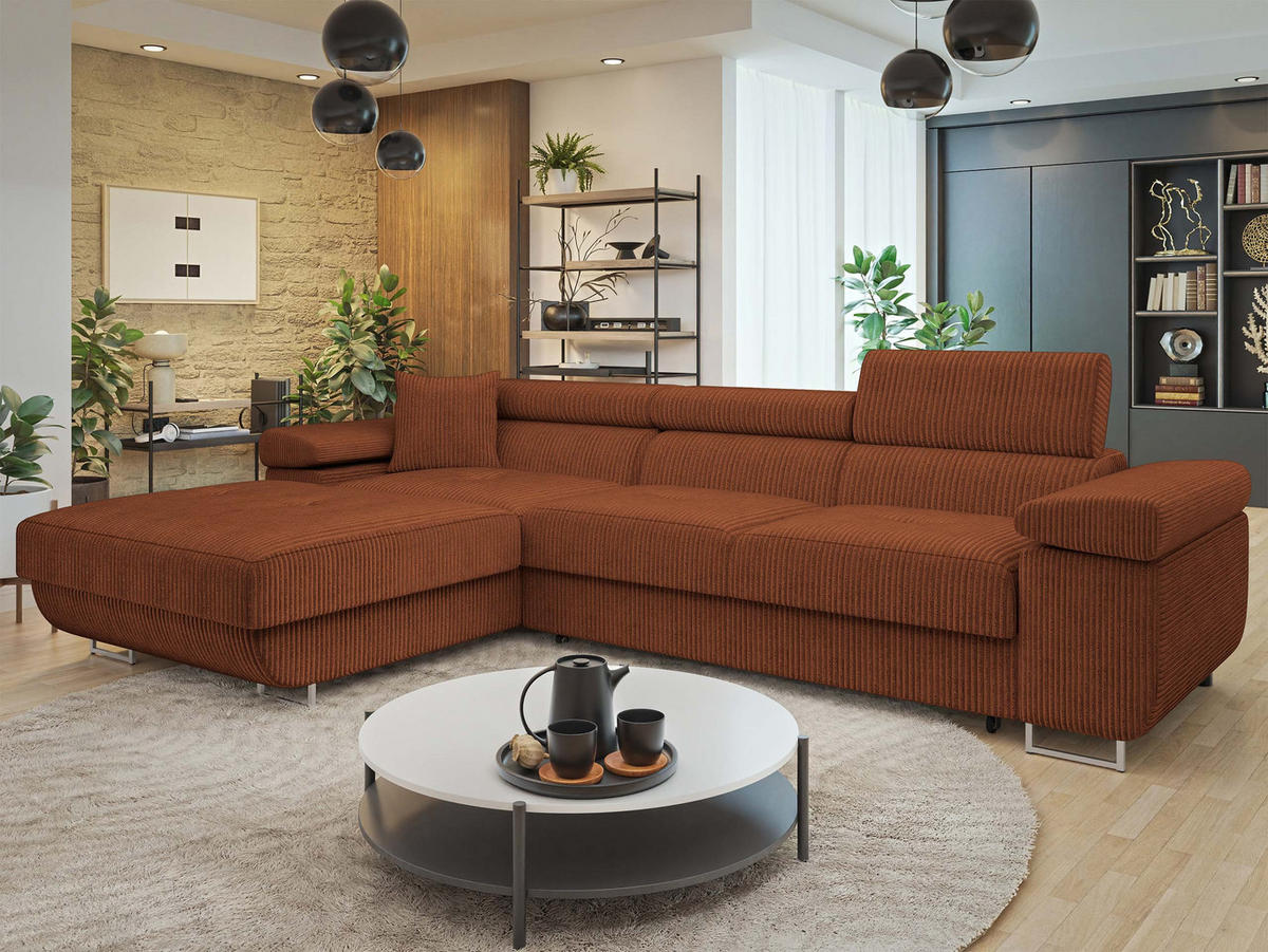 ECKSOFA Torezio Mini Cord, Seite: Links - Braun, Holz/Textil (280/170cm) - MIRJAN24