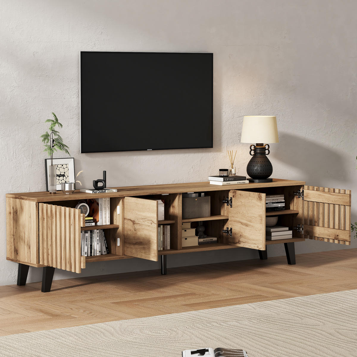 TV-ELEMENT in Holzfarben TV-Ständer mit 8 Ablagefächer für 70-Zoll-Fernseher, geeignet für Wohnzimmer, B180/T40/H55cm - Schwarz/Naturfarben, Holzwerkstoff/Kunststoff (180/55/40cm) - STILVORA