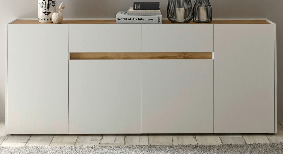 SIDEBOARD weiß, Eiche Wotan 220 cm, Kommode mit 8 Fächern - Eiche Wotan/Schwarz, Holz/Holzwerkstoff (220/87/40cm) - Furn.Design