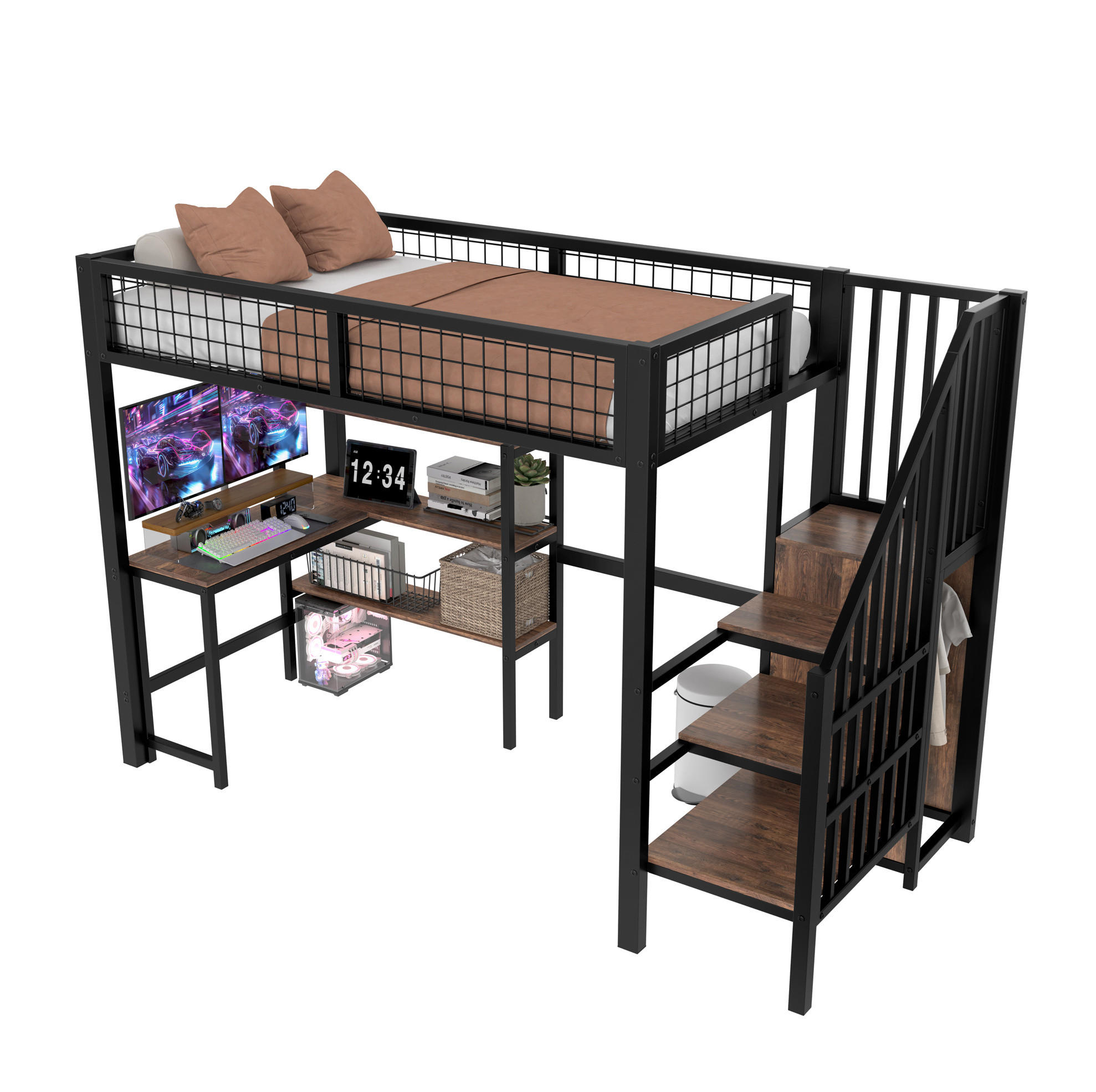 HOCHBETT 90/200 cm mit Schreibtisch, Regalen und Kleiderschrank aus Metall und MDF, Schwarz/Braun - Schwarz, Holzwerkstoff (90/200cm) - Redom